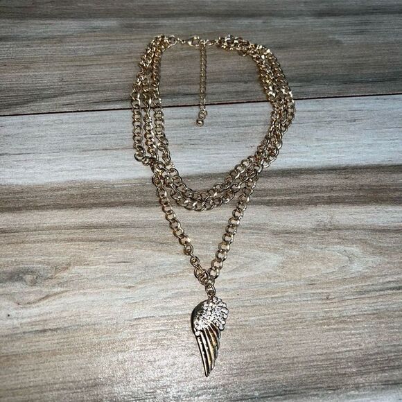 Layered Necklace Womens Chain Angel Wing Gold Tone Rhinestone Wing Chunky Punk - Picture 1 of 8